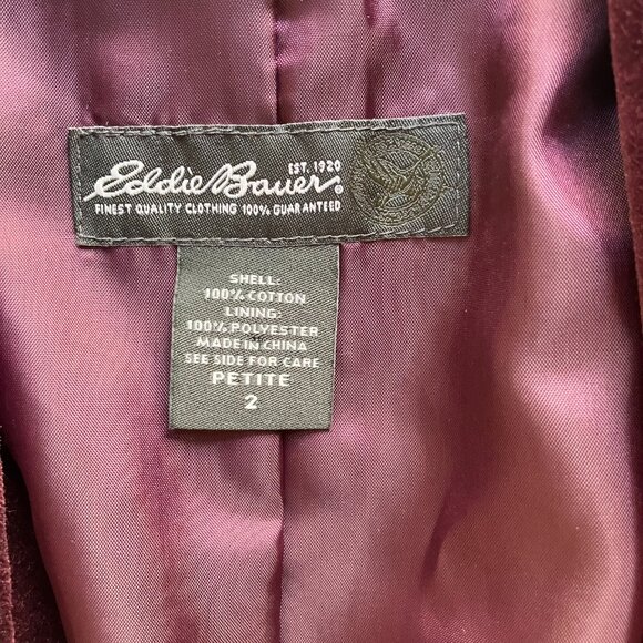 Eddie Bauer Eggplant Velvet Jacket with Satin Ribbon Tie Front Size 2P - Picture 2 of 5